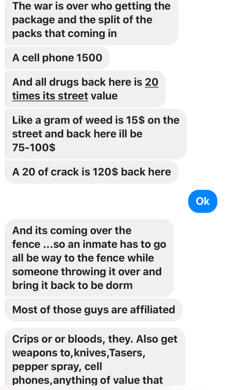 Screenshots of messages sent to The Root from inside Lee Correctional Facility